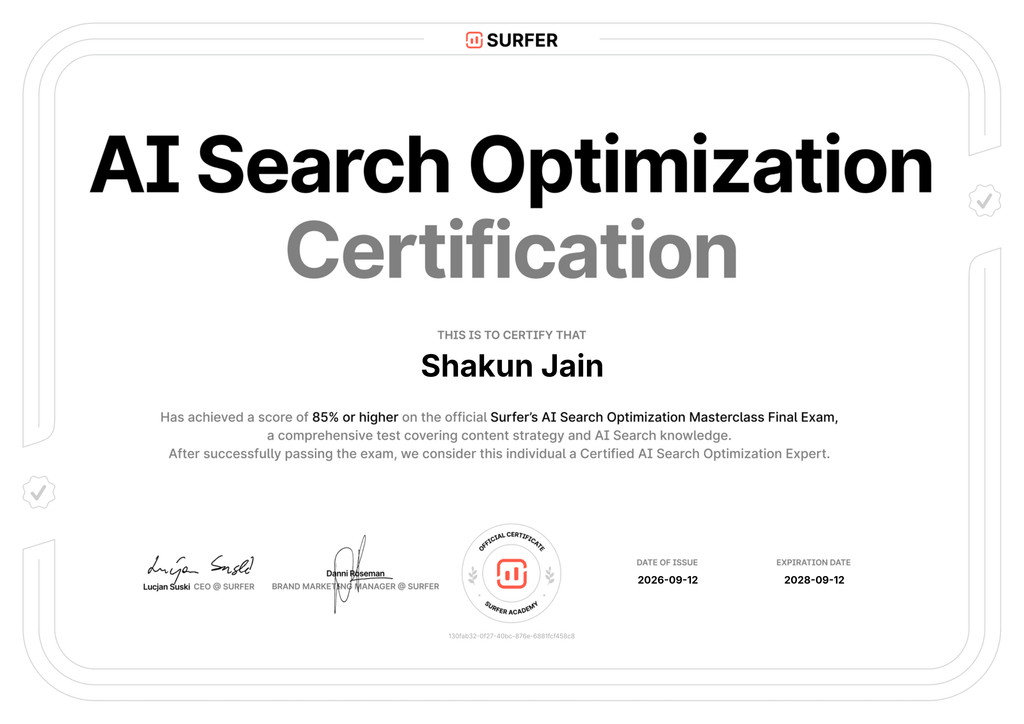 Shakun Jain AI search optiization certification